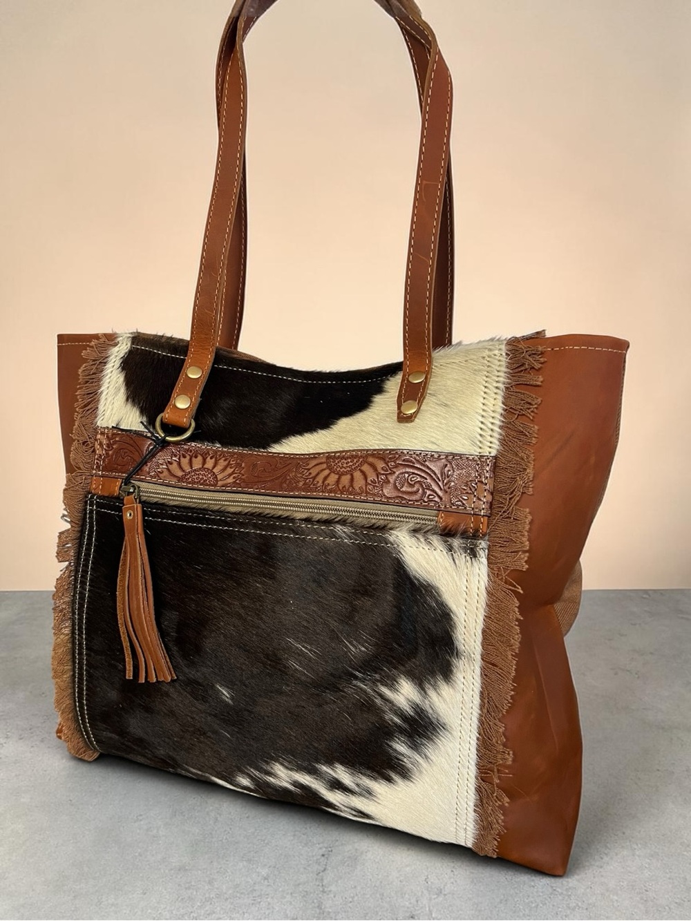 Myra Cowhide Tooled Leather Tote Bag Western Boho Floral Fringe Shoulder Bag - Picture 9 of 12
